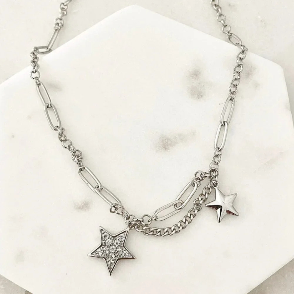 925 Sterling Silver Star Chain Link Necklace Dangle Chain Vintage Necklace